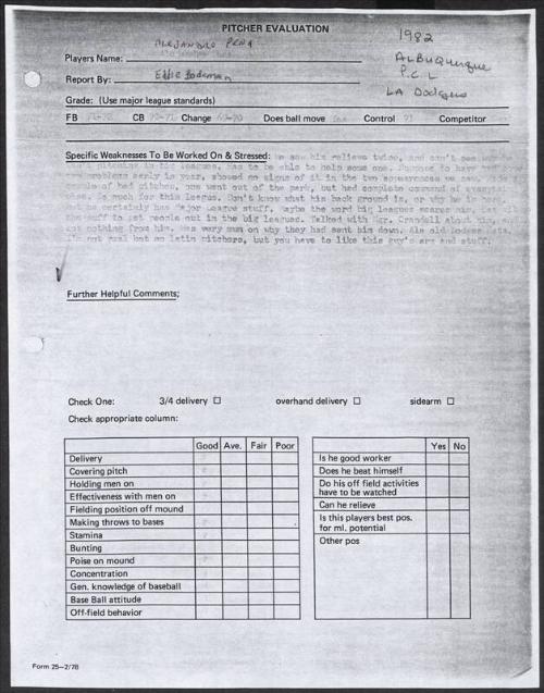 Alejandro Pena scouting report, 1982