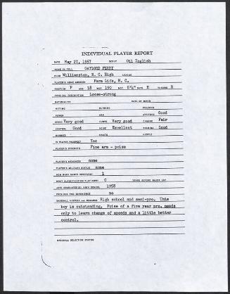 Gaylord Perry scouting report, 1957 May 27