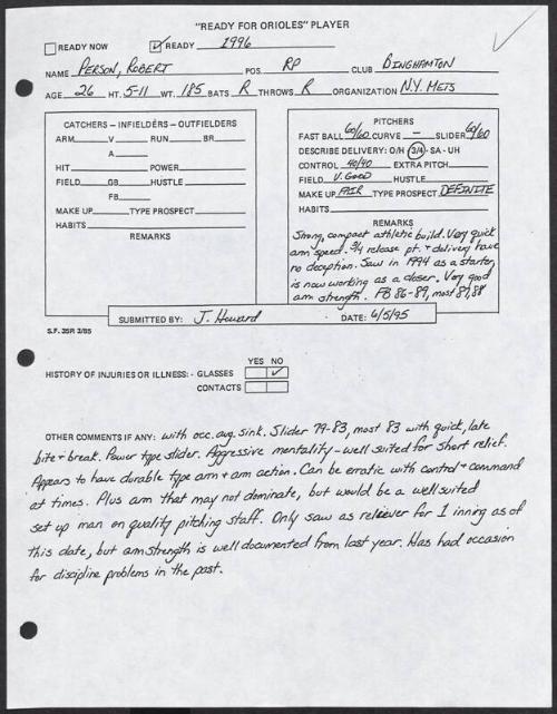 Robert Person scouting report, 1995 June 05