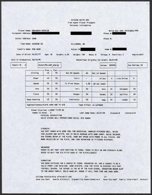 Ben Petrick scouting report, 1995 April 21