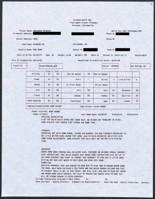 Ben Petrick scouting report, 1995 April 03