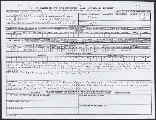 Gary Pettis scouting report, 1989 September 25