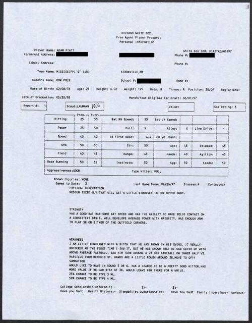 Adam Piatt scouting report, 1997 April 26