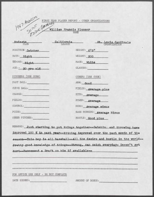 Bill Plummer scouting report, 1967