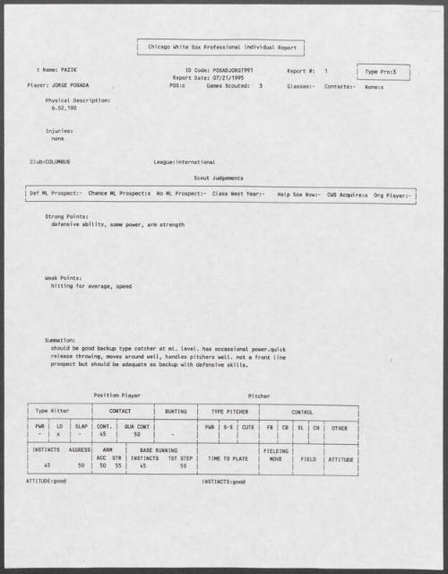 Jorge Posada scouting report, 1995 July 21