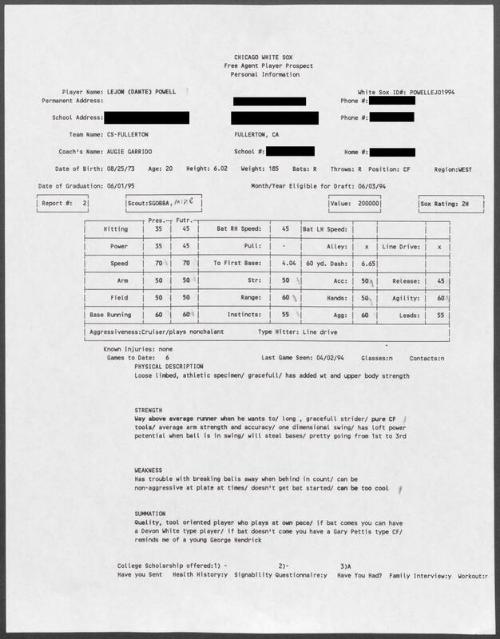 Dante Powell scouting report, 1994 April 02