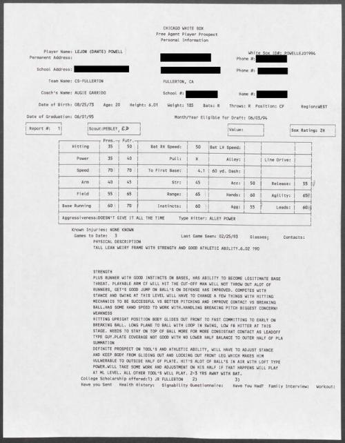 Dante Powell scouting report, 1993 February 25