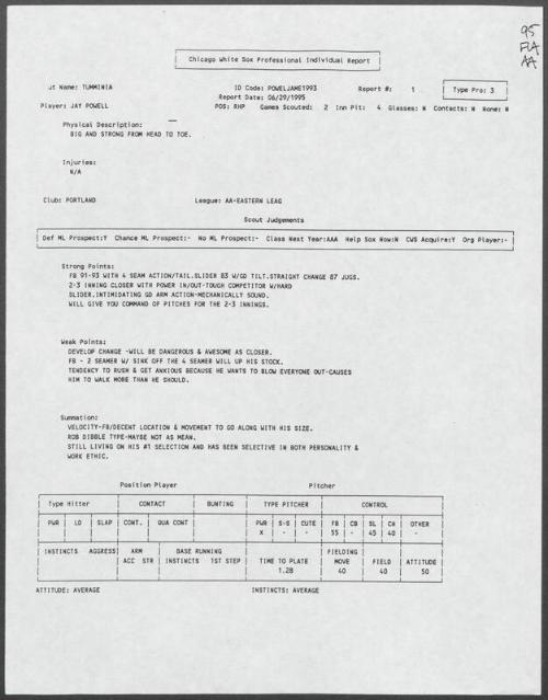 Jay Powell scouting report, 1995 June 29