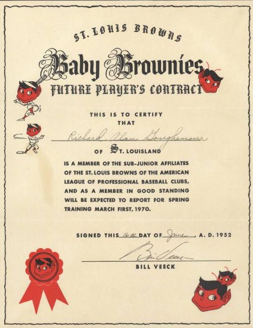 St. Louis Browns Baby Brownies certificate and letter, 1952 June 16