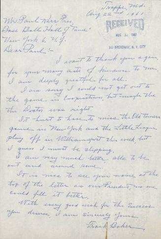 Letter from Frank Baker to Paul Kerr, 1961 August 22