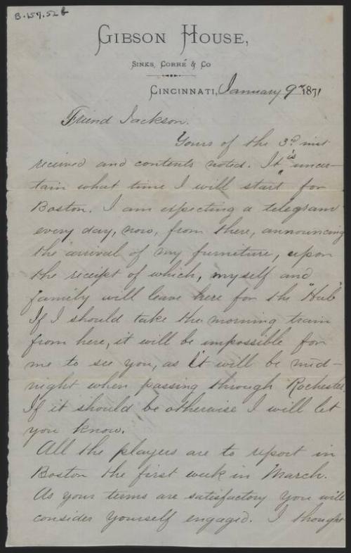 Letter from Harry Wright to Sam Jackson, 1871 January 09