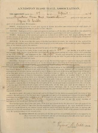 Ty Cobb Anniston Baseball Association agreement, 1903 April 29