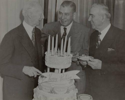 Connie Mack, Albert Bender and Ira Thomas photograph, possibly 1947