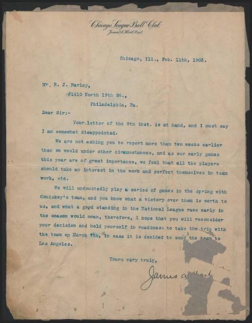 Letters from James A. Hart to Dick Harley and Chicago Leage Ball Club Players, 1903 February 11…