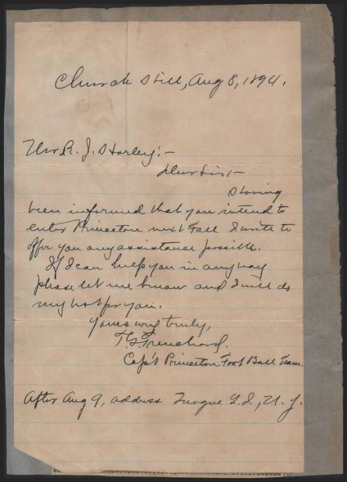 Letter from Princeton Football Team to R. J. Harley, 1894 August 08