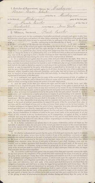 Paul Cook and Muskegon Base Ball Club Articles of Agreement, 1883 October 27