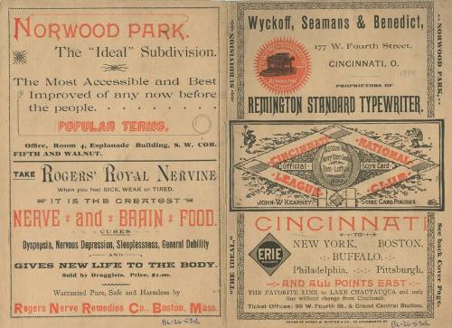 New York Giants versus Cincinnati Reds scorecard, 1890 June 26