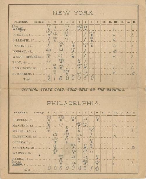 Philadelphia Quakers versus New York Giants scorecard, 1883 August 13