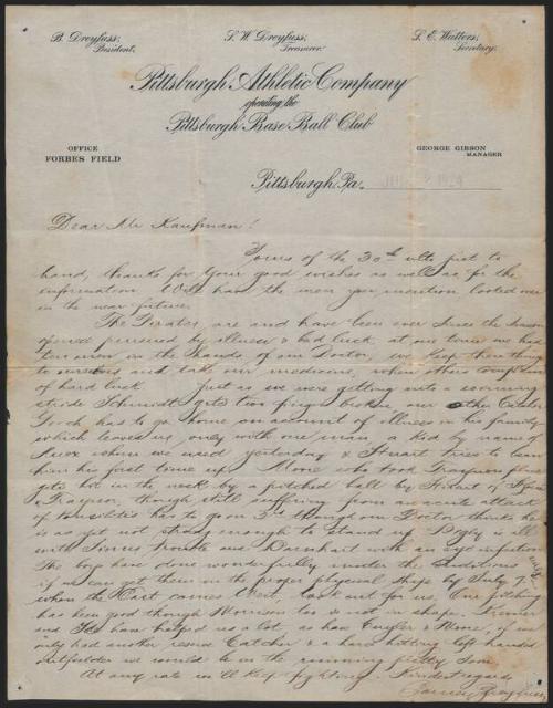 Letter from Barney Dreyfuss to Mr. Kaufman, 1924 July 02