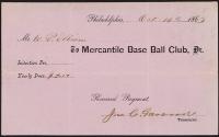 Mercantile Base Ball Club Dues receipt, 1863 October 14