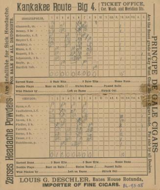 Chicago White Stockings versus Indianapolis Hoosiers scorecard, 1889 May 01