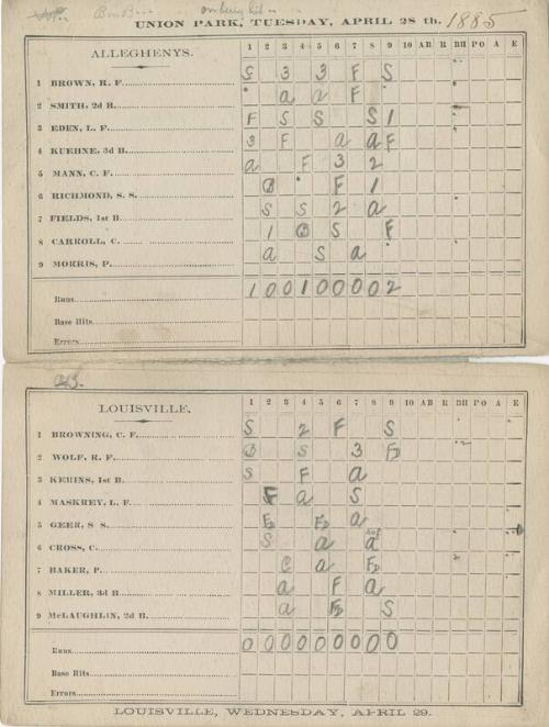 Louisville Colonels versus Pittsburgh Alleghenys scorecard, 1885 April 28