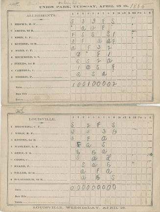 Louisville Colonels versus Pittsburgh Alleghenys scorecard, 1885 April 28