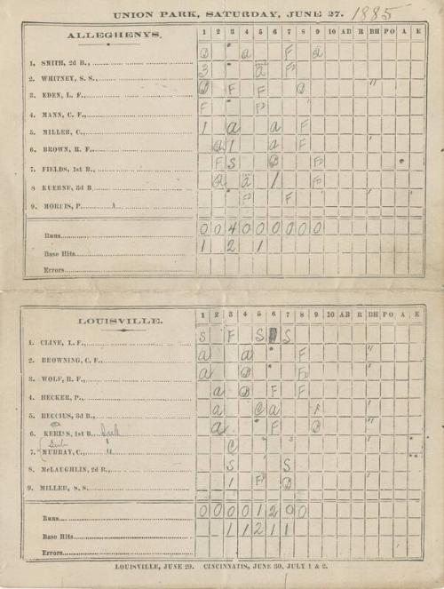 Louisville Colonels versus Pittsburgh Alleghenys scorecard, 1885 June 27