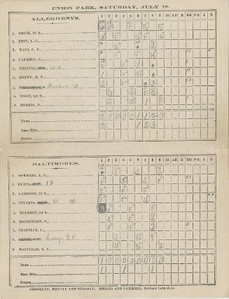 Baltimore Orioles versus Pittsburgh Alleghenys scorecard, 1885 July 18