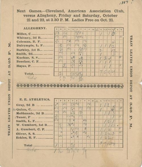 East End Athletics versus Pittsburgh Alleghenys scorecard, 1887 October 14