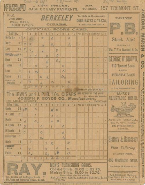 New York Giants versus Boston Beaneaters scorecard, 1892 August 02