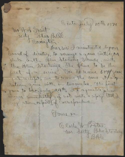 Letter from C.W. Bates to W.S. Grant, 1875 July 10