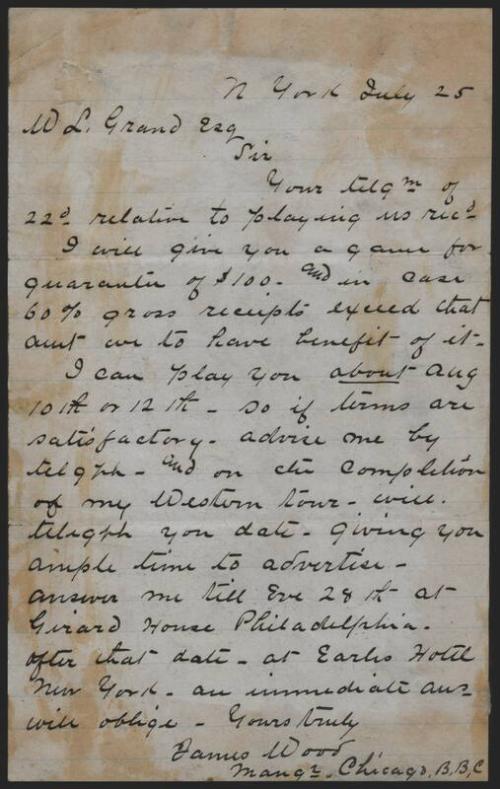 Letter from James Wood to W.L. Grand, 1875 July 25