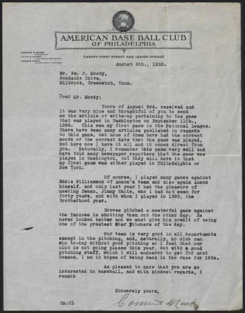 Letter from Connie Mack to William Moody, 1933 August 08