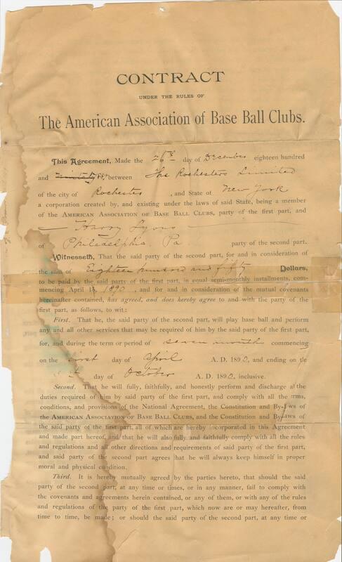 Harry Lyons Rochester Limited contract, 1889 December 26