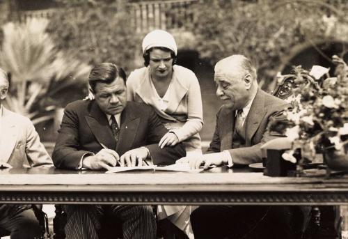 Babe Ruth, Jacob Ruppert, Claire Ruth, and A.W. Wattenberg photograph, 1932