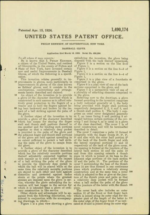 Philip Kennedy Baseball Glove patent, 1924 April 15