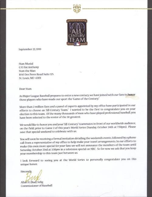 Letter and Invitation from Commissioner Bud Selig to Stan Musial, 1999 September 23-October 24