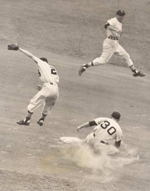 Nellie Fox, Jackie Jensen, and Chico Carrasquel Stolen Base photograph, 1954 June 26