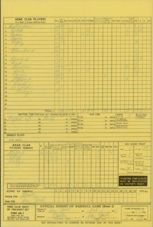 Boston Red Sox versus New York Yankees scoresheet, 1961 October 01