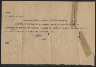 Telegram from Ty Cobb to Evening Bulletin, 1913 June 02