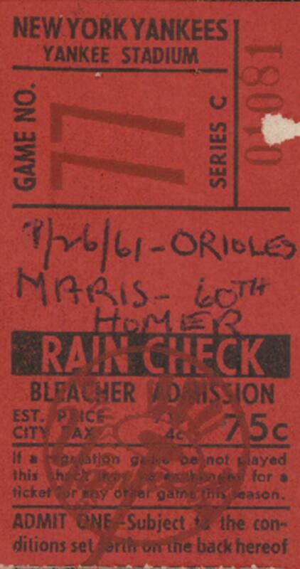 Baltimore Orioles versus New York Yankees ticket stub, 1961 September 26