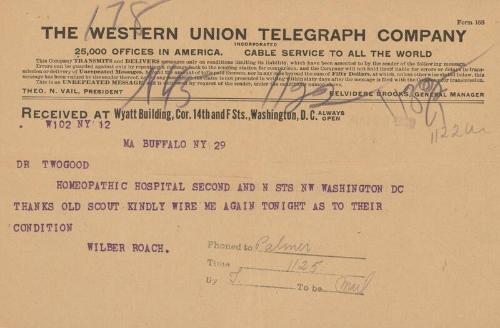 Telegrams from Wilbur Roach to Mrs. Roach and Dr. Twogood, 1912 August 29-31