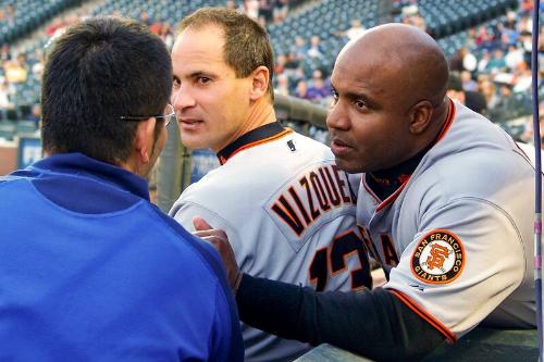 Barry Bonds and Omar Vizquel photograph, 2006 September 19