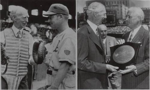 Connie Mack, Luman Harris, and Will Harridge dual photograph, 1956