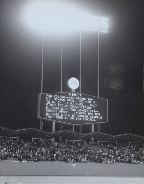 Sandy Koufax Second No-Hitter Scoreboard photograph, 1963