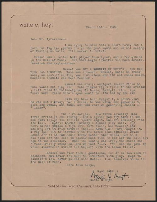 Letter from Waite Hoyt to Bill Ayrovainen, 1981 March 16