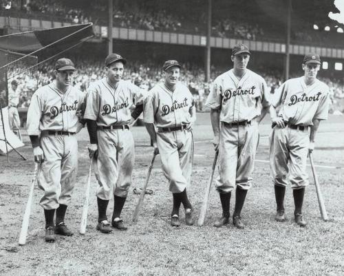 Mickey Cochrane, Charlie Gehringer, Goose Gosselin, Hank Greenberg and Marv Owen photograph, be…