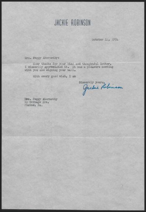 Letter from Jackie Robinson to Peggy Ahernethy, 1954 October 11