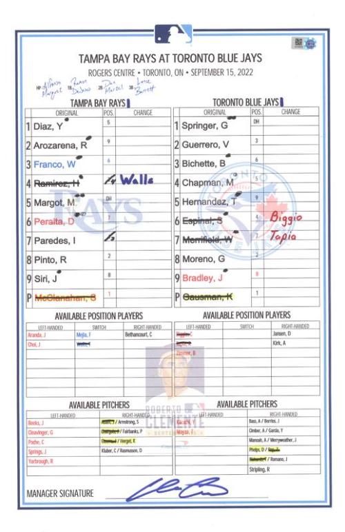 Tampa Bay Rays versus Toronto Blue Jays lineup card, 2022 September 15